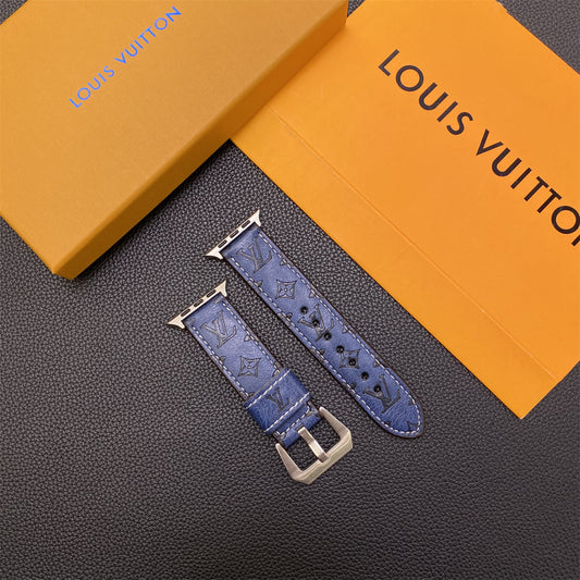 Leather Monogram Apple Watch Bands Leather Blue-YH24422