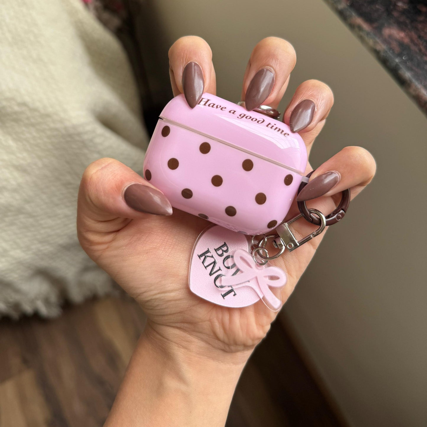 Pink Polka Dot AirPods Case with Heart Charm – Cute Protective Cover