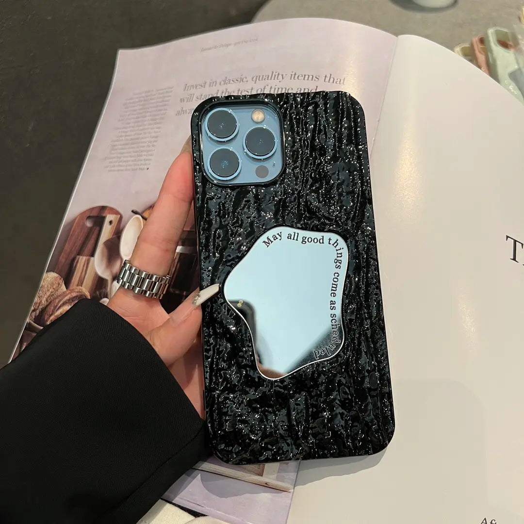Lustrous Stone Textured Mirror Case with Chain