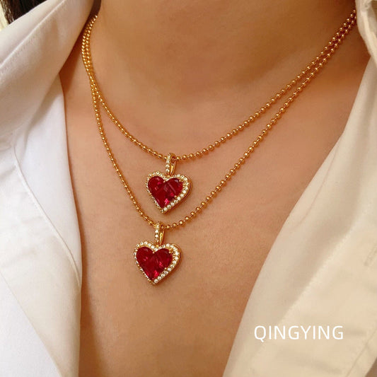 French Luxe Red Heart Pendant Necklace – Dainty Glamour with Full Rhinestones accessories