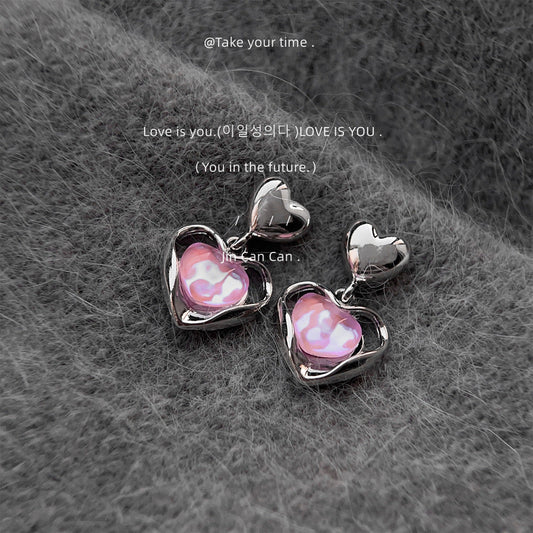 Iridescent Pink Heart Drop Earrings – French Sweet Chic with Edgy Twist accessories