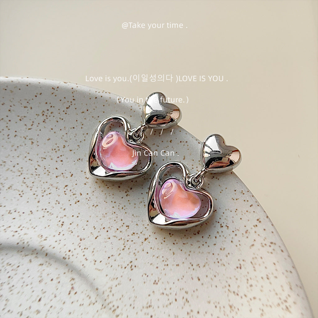 Iridescent Pink Heart Drop Earrings – French Sweet Chic with Edgy Twist accessories