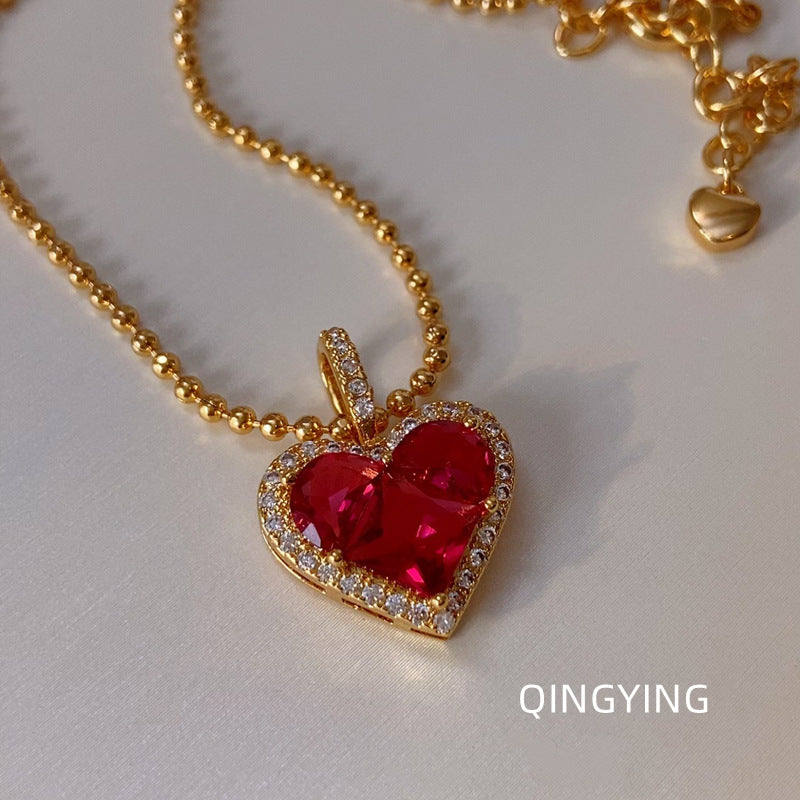 French Luxe Red Heart Pendant Necklace – Dainty Glamour with Full Rhinestones accessories