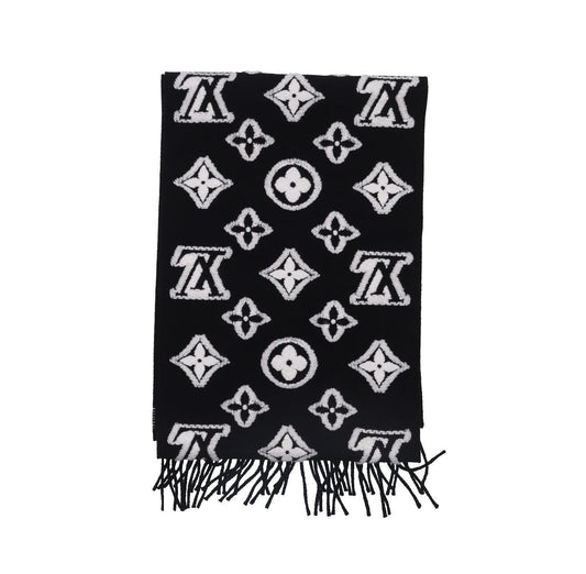 Black and white geometric pattern knitted scarf, fringed edge thermal shawl