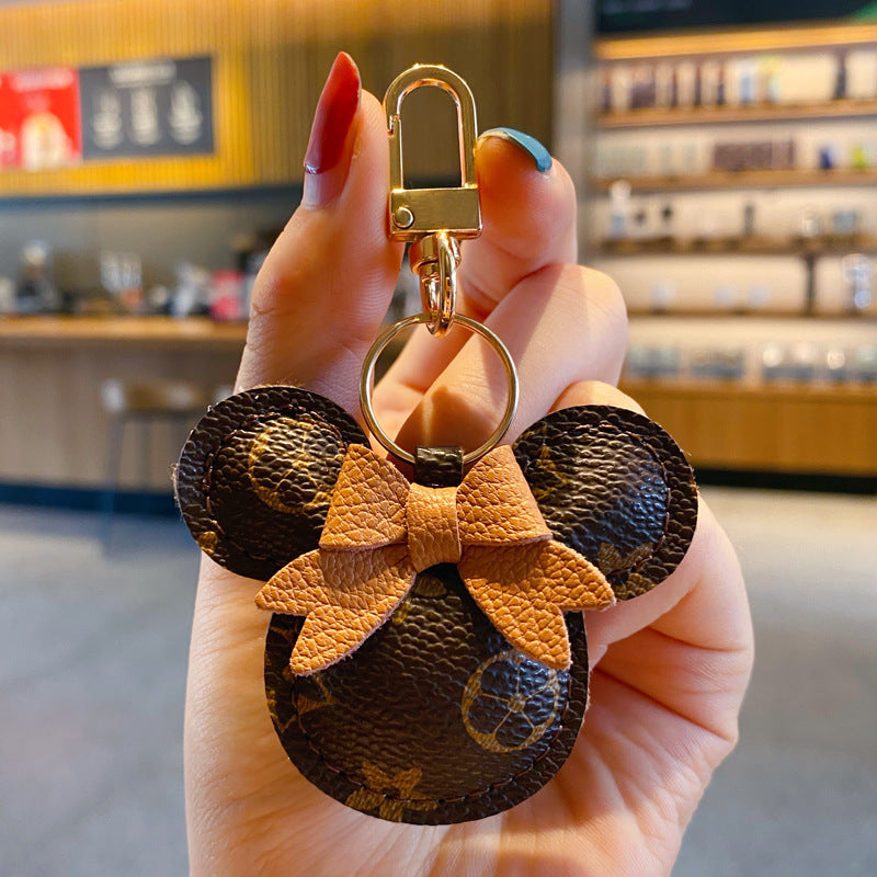 Luxury Mickey Keychain – Faux Leather & Fur Pom Charm for Handbag or Car