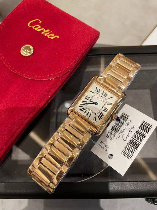 Cartier Rectangular Gold - Toned Watch with Red Pouch