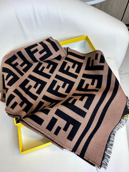 Brown and black contrasting geometric texture knitted scarf, fringed edge shawl