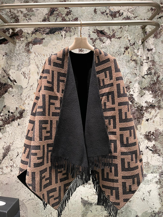 Geometric texture contrasting color knitted shawl, loose fringe warm exterior