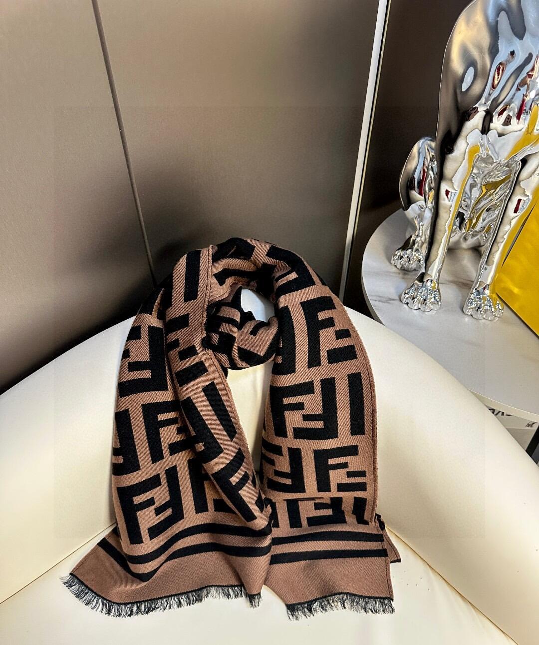 Brown and black contrasting geometric texture knitted scarf, fringed edge shawl