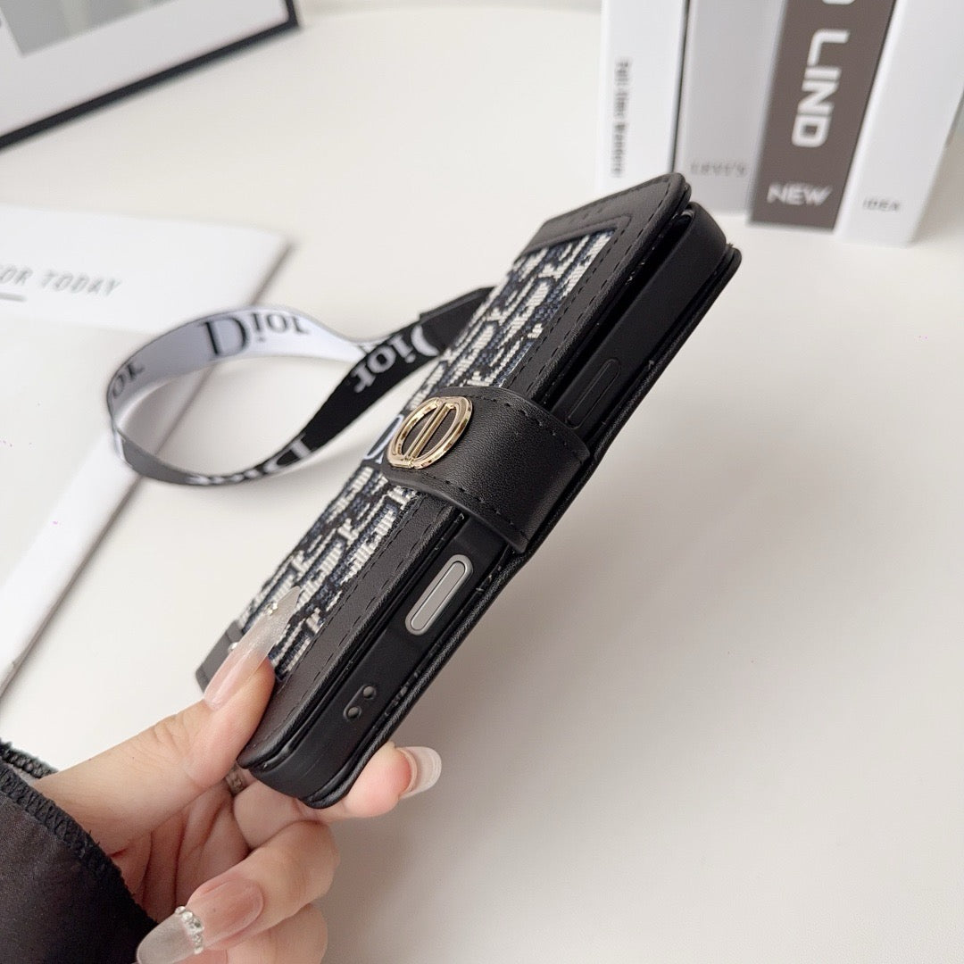 CD Elegant Pattern Wallet iPhone Case with Detachable Wrist Strap