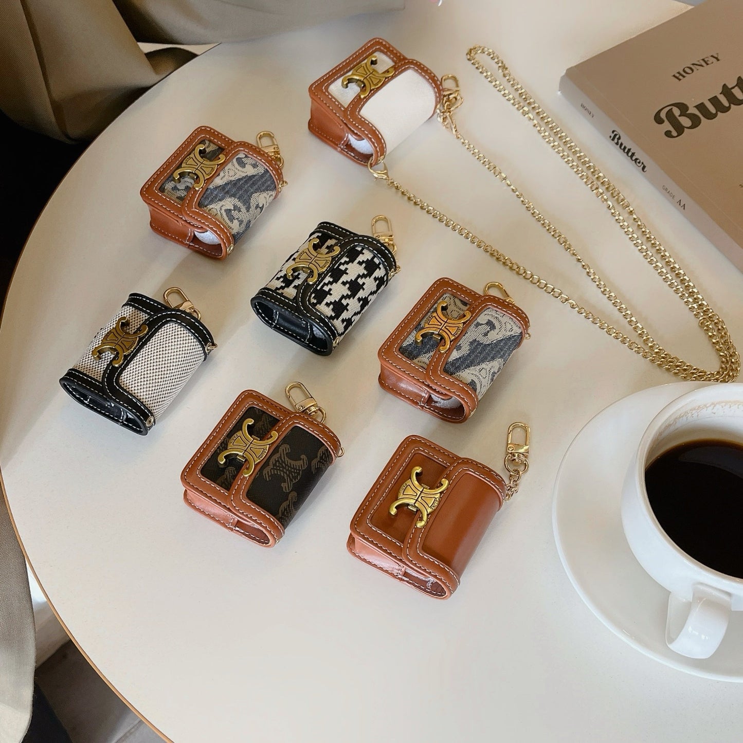 Luxury Leather Keychain AirPods Case with Gold Hardware