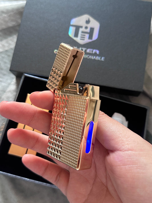 A lighter with four intelligent ignition methods: voice control, air flow, gravity, and strike.
