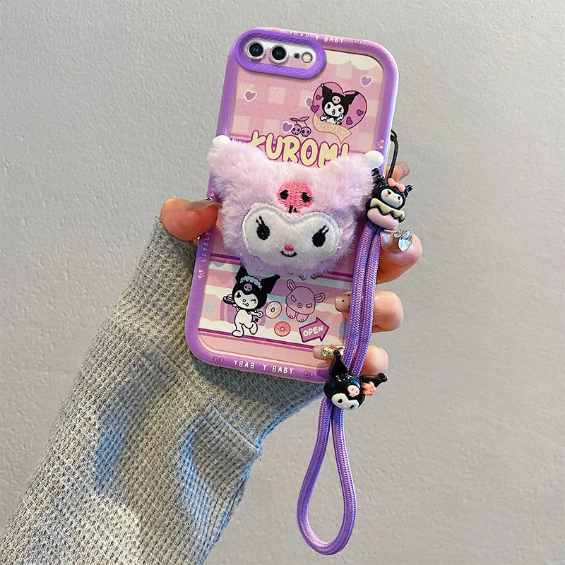 3D Cartoon Labubu Fur Phone Case for Samsung With Strap Plush Kuromi Toy Soft Cover