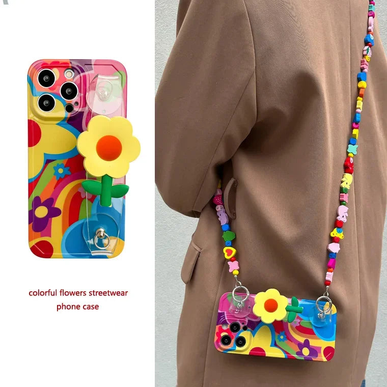 Flower With Lanyard Neck Strap  Silicone  iPhone Case