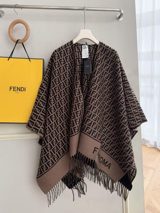 Two-color geometric texture knitted shawl, fringed edge loose warm exterior