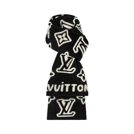 Black and white contrasting color pattern knitted scarf, three-dimensional texture warm scarf