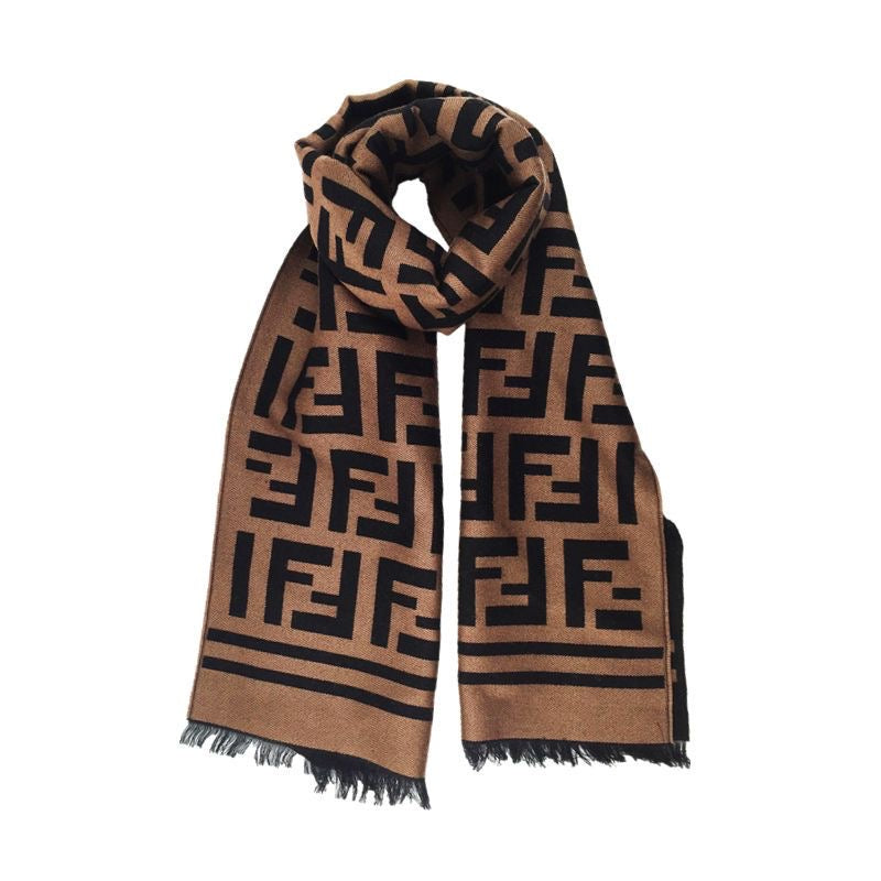Brown and black contrasting geometric texture knitted scarf, fringed edge shawl