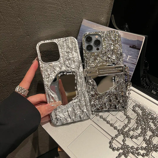 Lustrous Stone Textured Mirror Case with Chain