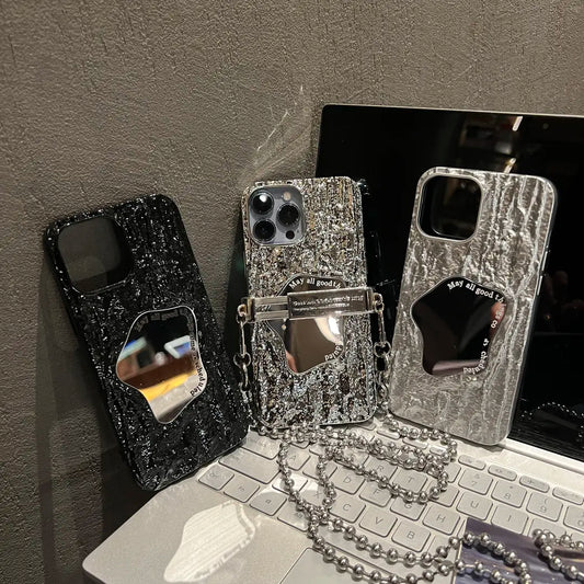 Lustrous Stone Textured Mirror Case with Chain